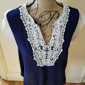 SALE Feminine sheer navy and lace top